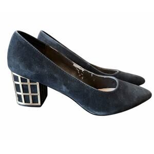 Brian Atwood Suede Pointed Toe Caged Block Heels Sz 8 Black Gold Minimalist Work